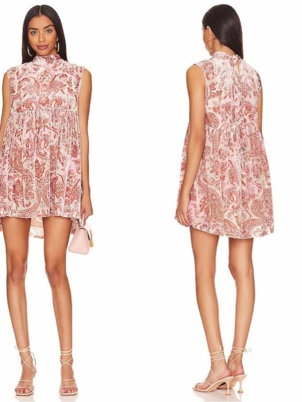 Free People Pink Paisley Velvet Babydoll Mini Dress NWOT